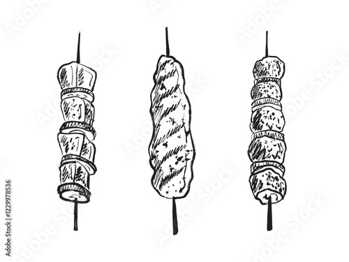 Shashlik meat grilled on skewer with vegetables. Meat pieces on skewer with baked vegetables isolated on white background. Hand drawn vector sketch illustration in vintage charcoal ink style