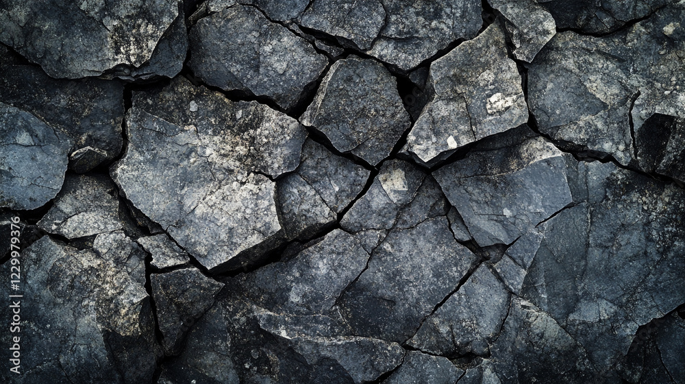 Fototapeta premium Textured rock surface showcasing natural fracture patterns under diffuse light