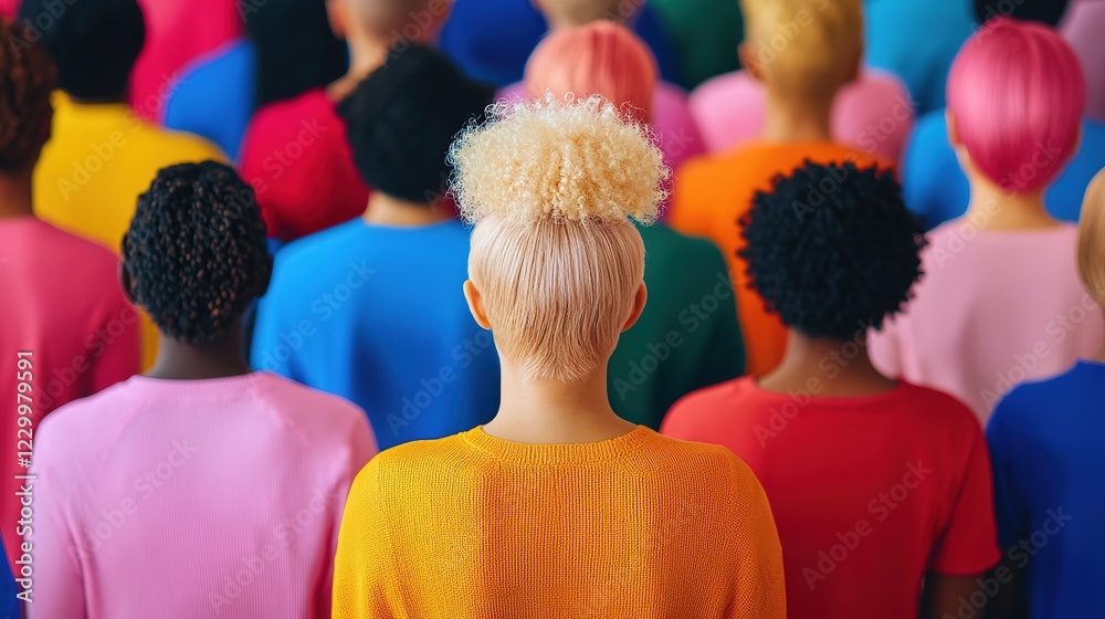 Fototapeta premium Diverse group of people wearing colorful shirts urban setting portrait style community back view unity concept