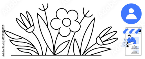 Line art flowers with a circular user icon and an online store graphic showcasing a person in a shop setting. Ideal for digital presence, growth, e-commerce, user interaction, gardening, nature