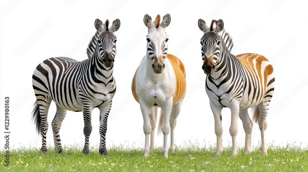 Fototapeta premium Unique zebra variations in a lush green meadow captured in a natural setting showcasing distinctive patterns and colors for wildlife enthusiasts