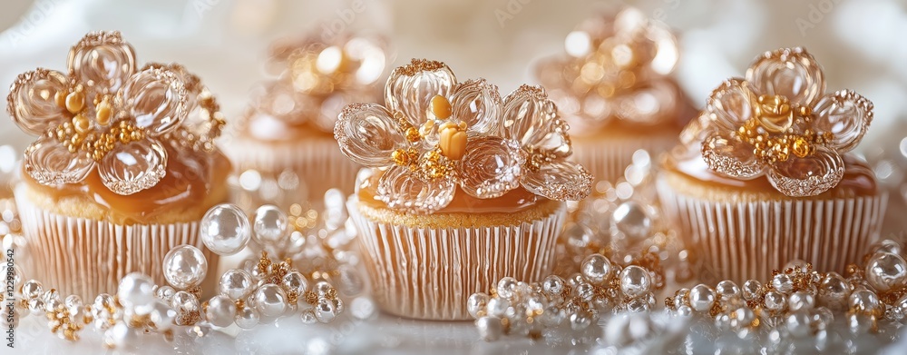 Fototapeta premium Cupcakes with caramel, sugar flowers and pearl, delicate and sophisticated dessert