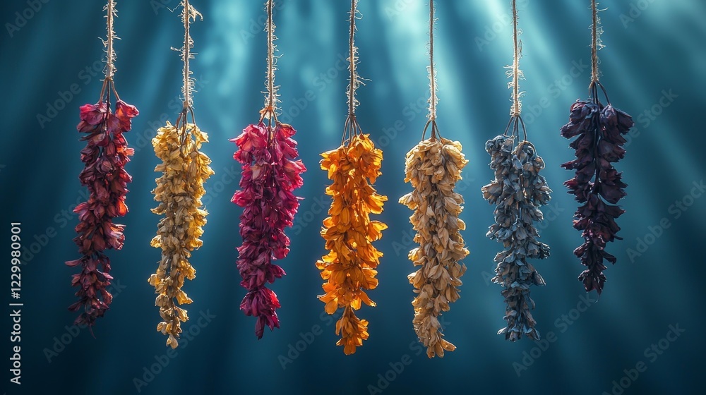 Naklejka premium Hanging dried flowers display art installation indoor vibrant colors aesthetic nature inspiration