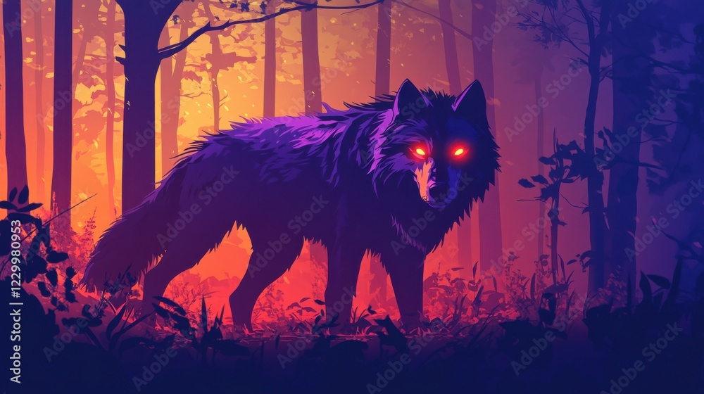 Mystical Purple Wolf Prowls Through a Vibrant Sunset Forest. Mystical Purple Wolf Prowls Through a Vibrant Sunset Forest.