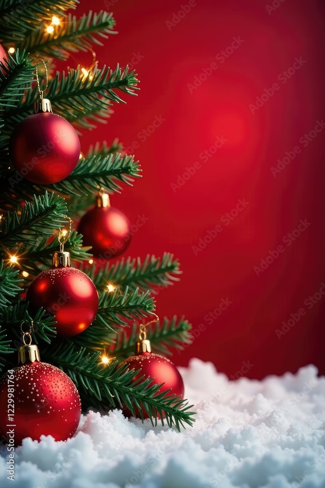 Sparkling fir branches draped with crimson Christmas balls and festive holiday lights on a snowy red backdrop, fir, red Sparkling fir branches draped with crimson Christmas balls and festive holiday lights on a snowy red backdrop, fir, red
