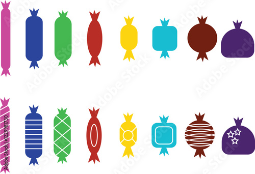 Sweets and candy icon set. Chocolate bars, caramel, toffee and lollipop on sticks, marmalade bears. Confectionery shop elements for birthday kids present cartoon flat isolated vector collection.