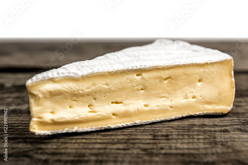 Triangle of delicious soft brie cheese on wooden board
