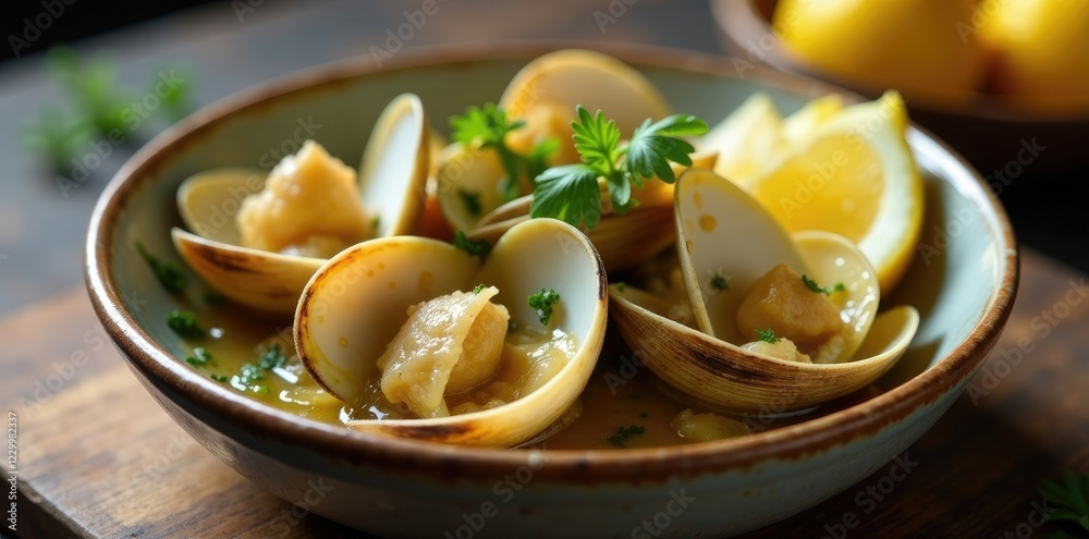 Steamed clams in a bowl with garlic butter sauce and lemon wedges, steamed, butter Steamed clams in a bowl with garlic butter sauce and lemon wedges, steamed, butter