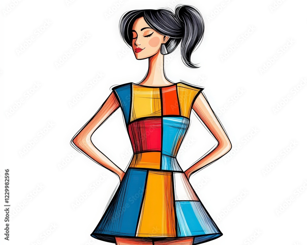 Stylish Woman in Colorful Geometric Dress Design Illustration Stylish Woman in Colorful Geometric Dress Design Illustration
