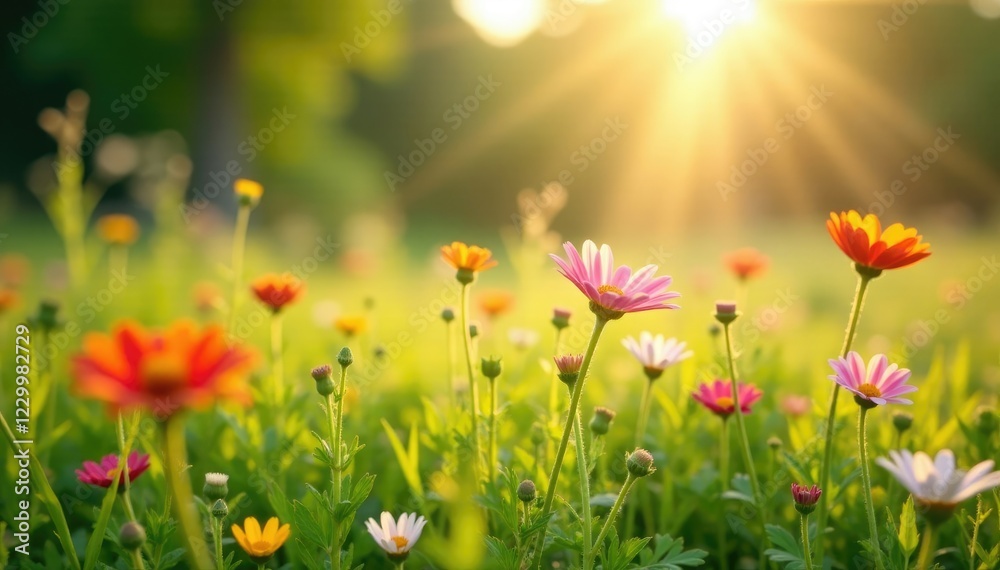 Fototapeta premium Sun-kissed meadow with wildflowers swaying gently in breeze, garden, sunshine