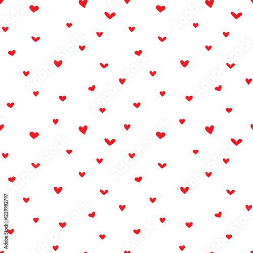 Valentine’s Day pattern with red hearts on a white background. Seamless background perfect for use in textiles, wallpapers, and festive decorations.
