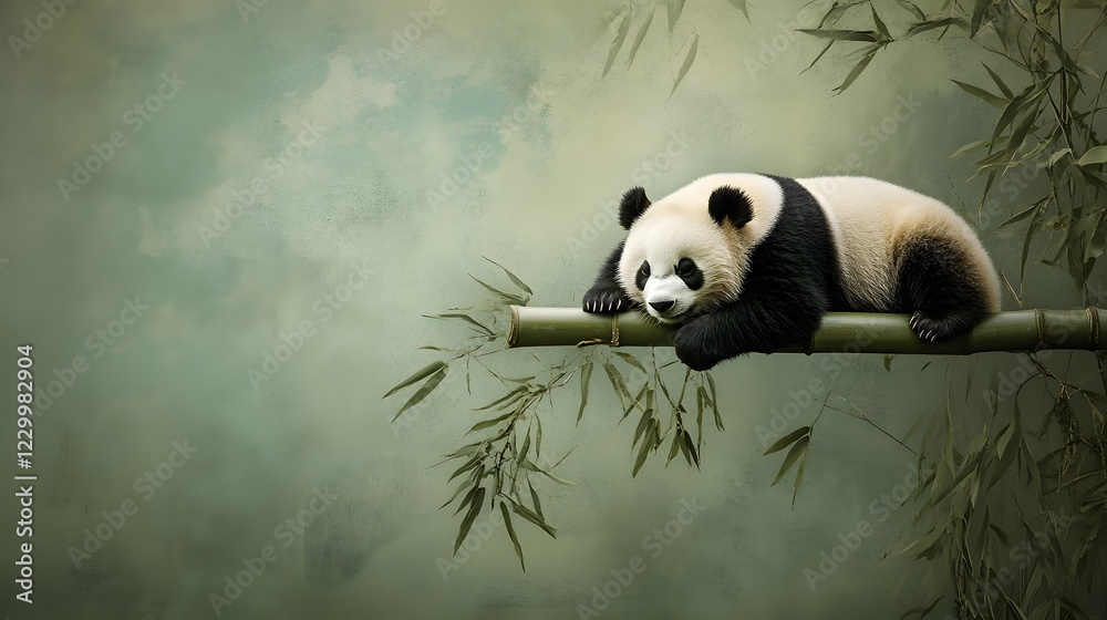 Fototapeta premium Relaxing Panda on Bamboo Branch in Serene Natural Environment