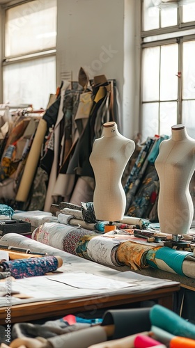 A fashion design studio with mannequins, fabric rolls, and designers sketching ideas. picture