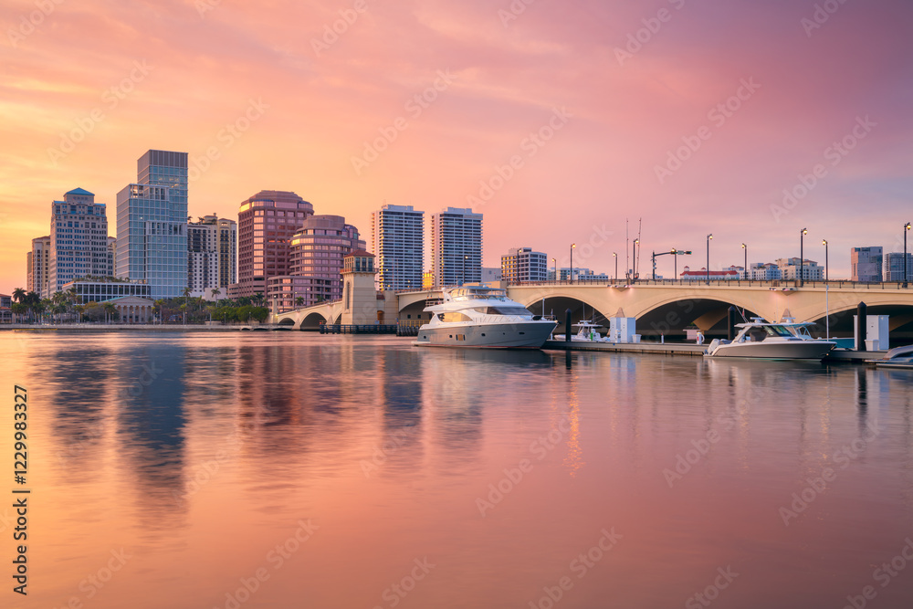 West Palm Beach, Florida, USA. Cityscape image of West Palm Beach, Florida with reflection of the city skyline in the water at beautiful sunset.