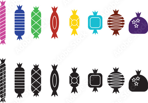 Sweets and candy icon set. Chocolate bars, caramel, toffee and lollipop on sticks, marmalade bears. Confectionery shop elements for birthday kids present cartoon flat isolated vector collection.