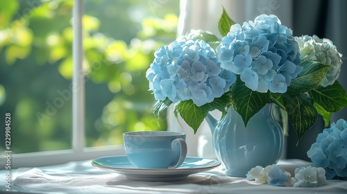 Refreshing blue hydrangeas in a sunlit room floral arrangement cozy home soft focus serenity