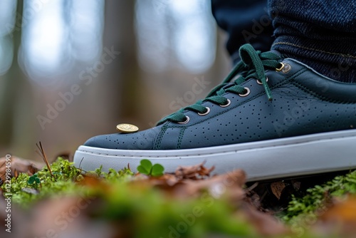 A stylish sneaker resting on lush forest ground with vibrant clovers, showcasing the blend of modern fashion and the serene beauty of nature in a captivating outdoor setting. photo