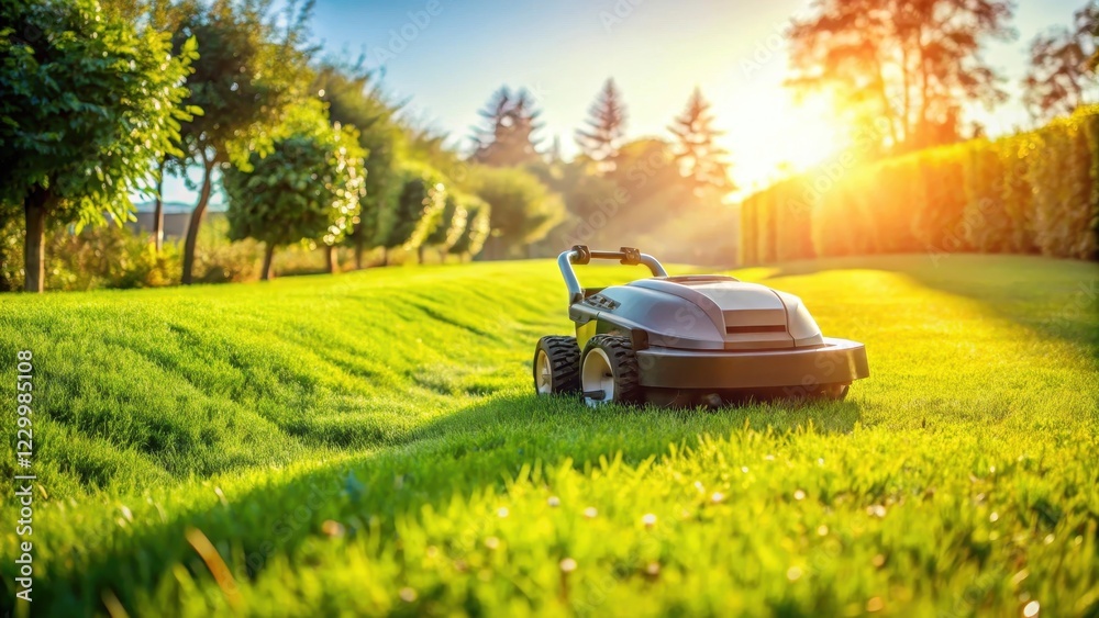A robotic lawnmower glides smoothly across a lush green lawn on a sunny day, its cutting blades moving in sync with the grass's natural growth patterns , technology, outdoors A robotic lawnmower glides smoothly across a lush green lawn on a sunny day, its cutting blades moving in sync with the grass's natural growth patterns , technology, outdoors