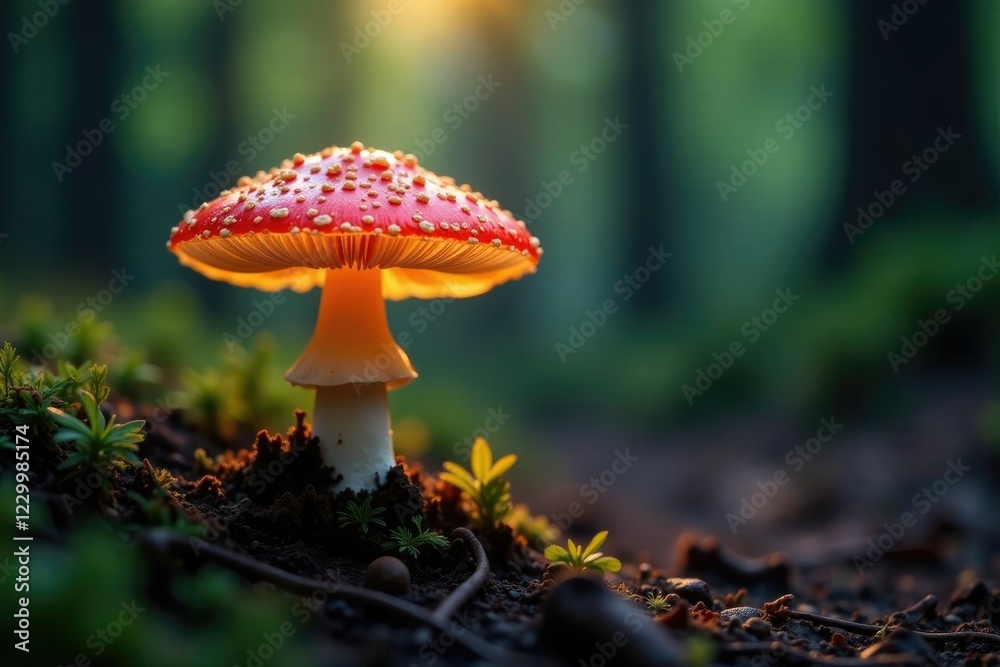 A single glowing mushroom on the forest floor, natural light, mushrooms, forest floor A single glowing mushroom on the forest floor, natural light, mushrooms, forest floor