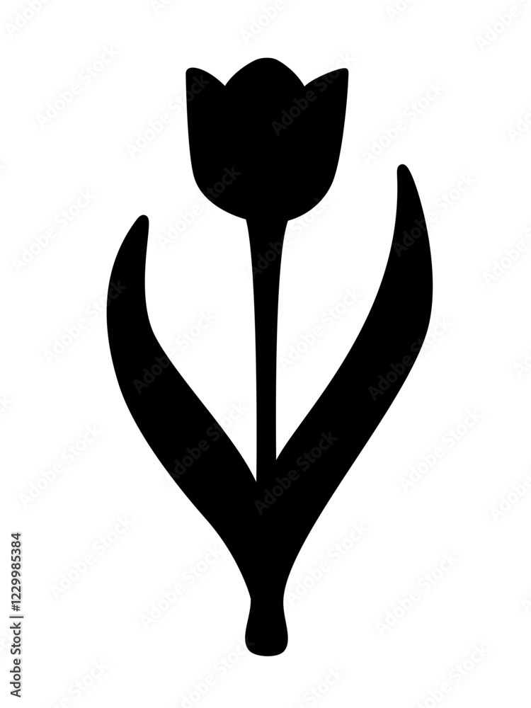 Spring tender flower tulip with two leaves and a stem - silhouette. Stylized image of a tulip for a logo or icon - stock illustration. Hand drawing Spring tender flower tulip with two leaves and a stem - silhouette. Stylized image of a tulip for a logo or icon - stock illustration. Hand drawing