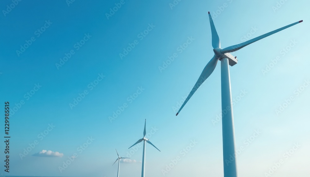 Wind turbine blades spinning against a blue sky, industrial, nature Wind turbine blades spinning against a blue sky, industrial, nature
