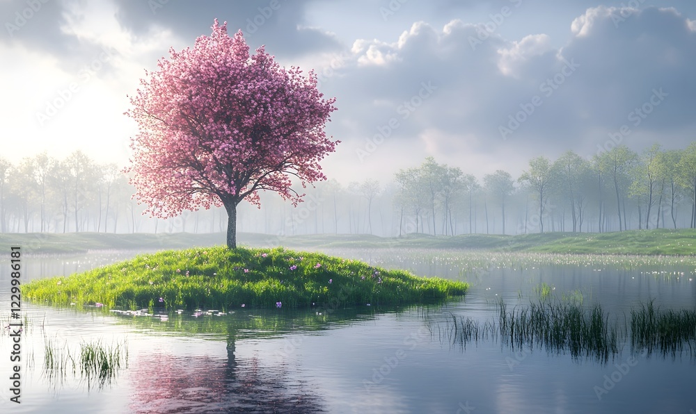 Solitary pink tree on island, misty lake, sunrise, serene nature scene, peaceful background