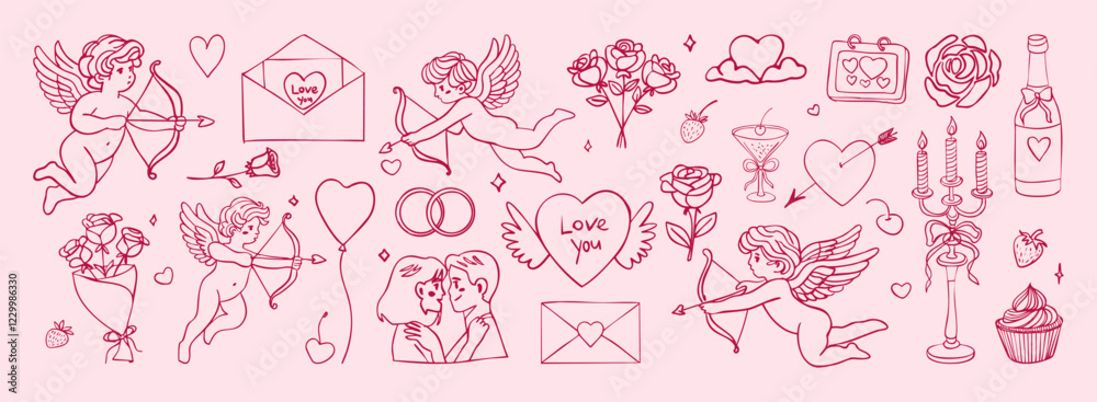 A row of Valentine's Day themed images, including hearts, flowers, and other symbols. Scene is romantic and celebratory A row of Valentine's Day themed images, including hearts, flowers, and other symbols. Scene is romantic and celebratory