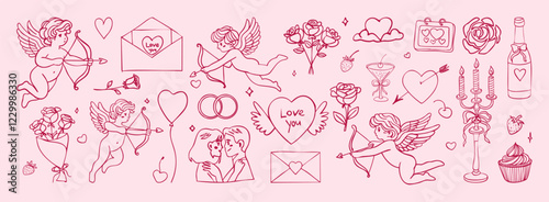 A row of Valentine's Day themed images, including hearts, flowers, and other symbols. Scene is romantic and celebratory