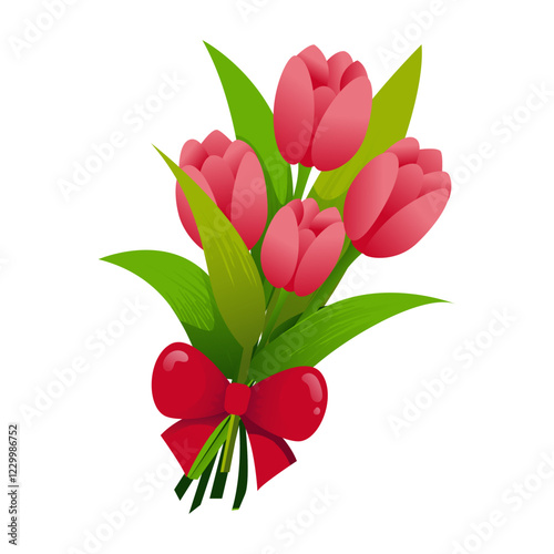 Bouquet of pink tulips tied with red ribbon on isolated white background. Vector illustration flat style. Gift for special day like birthday, valentine day, women's day, mother's day.