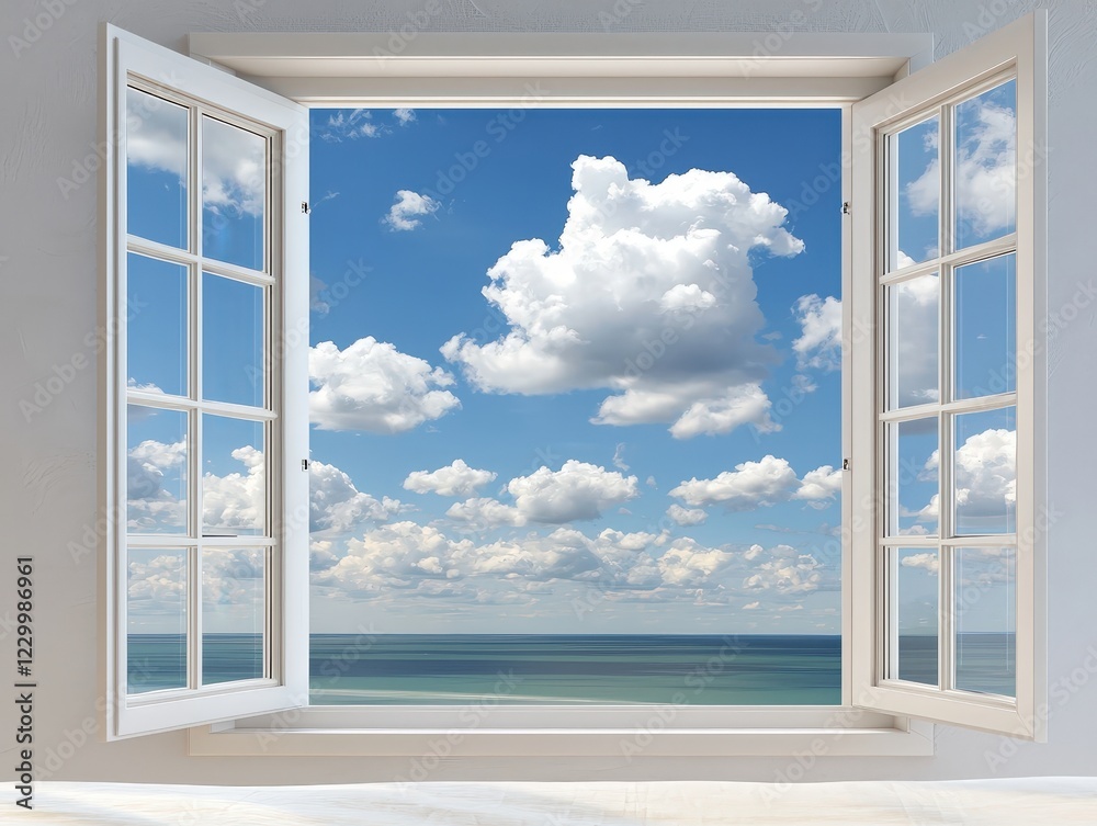 Beautiful Open Window with Clouds and Ocean View Under Bright Blue Sky for Tranquil Atmosphere and Relaxation Beautiful Open Window with Clouds and Ocean View Under Bright Blue Sky for Tranquil Atmosphere and Relaxation