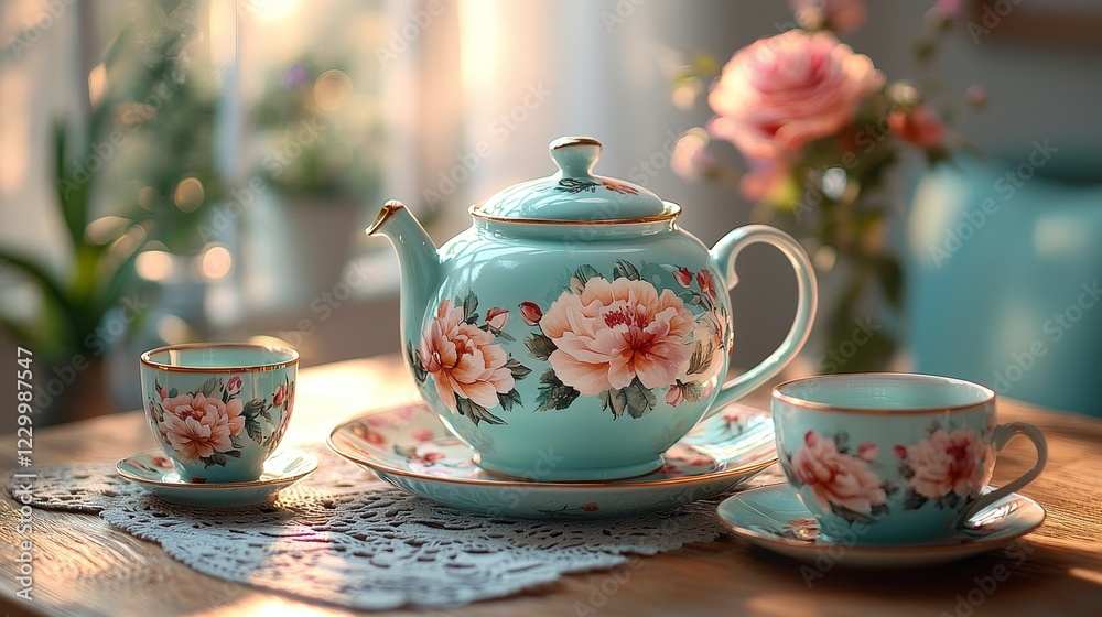 Elegant tea time gathering with floral teapot and cups cozy home setting still life photography Elegant tea time gathering with floral teapot and cups cozy home setting still life photography