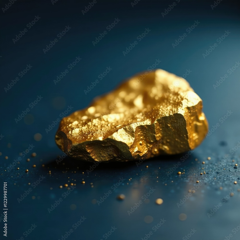 Fragile chunk of gold rests on dark blue surface, ornamental, gold Fragile chunk of gold rests on dark blue surface, ornamental, gold