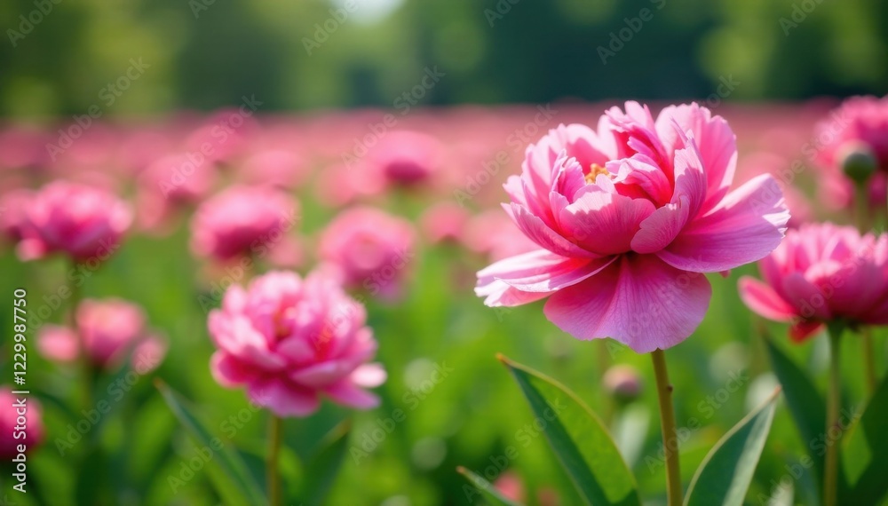 Blooming peony flowers in a field, wildflowers, illustration, landscape Blooming peony flowers in a field, wildflowers, illustration, landscape