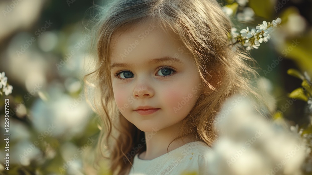 Little girl standing in a field of blooming flowers, exuding innocence and serenity. Little girl standing in a field of blooming flowers, exuding innocence and serenity.