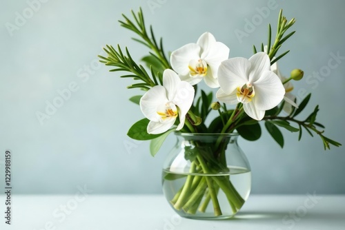 Fresh rosemary sprigs and white orchids in a glass vase with eucalyptus leaves, arrangement, rosemary, orchids
