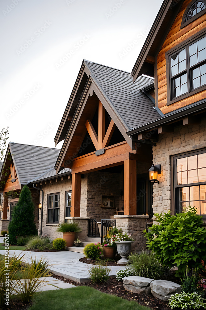 Obraz premium Luxury Stone and Wood House Exterior: Modern Rustic Design,Landscaped Garden,Elegant Entrance