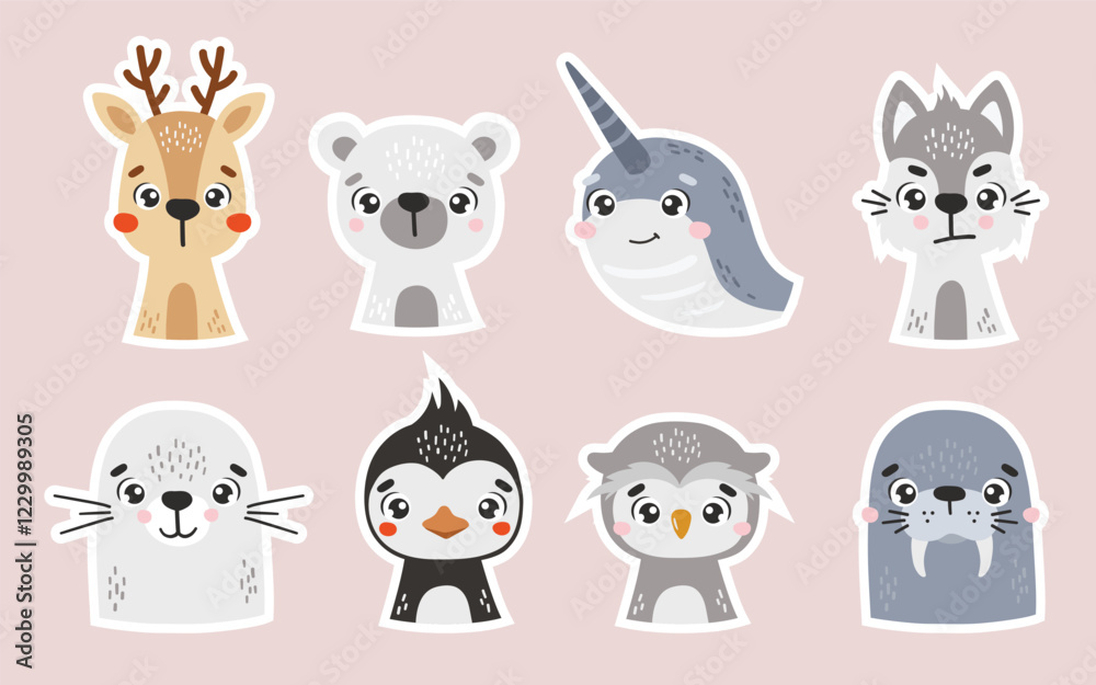 Naklejka premium Polar animals set isolated, Stickers, cute arctic animals, kids vector cartoon