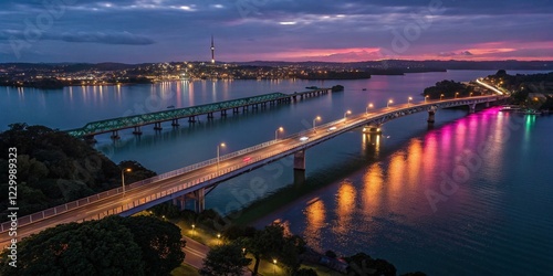 Auckland Orakei Basin Walkway Night Photography: Stunning City Lights Reflecting on Calm Waters photo