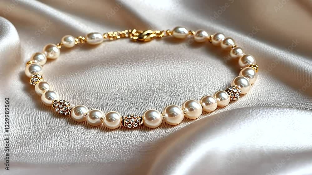 3_Elegant Pearl Necklace with Gold Accents on Satin Background 3_Elegant Pearl Necklace with Gold Accents on Satin Background