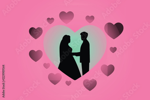 Silhouette of a loving couple on a pink background with hearts