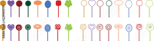 Sweets and candy icon set. Chocolate bars, caramel, toffee and lollipop on sticks, marmalade bears. Confectionery shop elements for birthday kids present cartoon flat isolated vector collection.