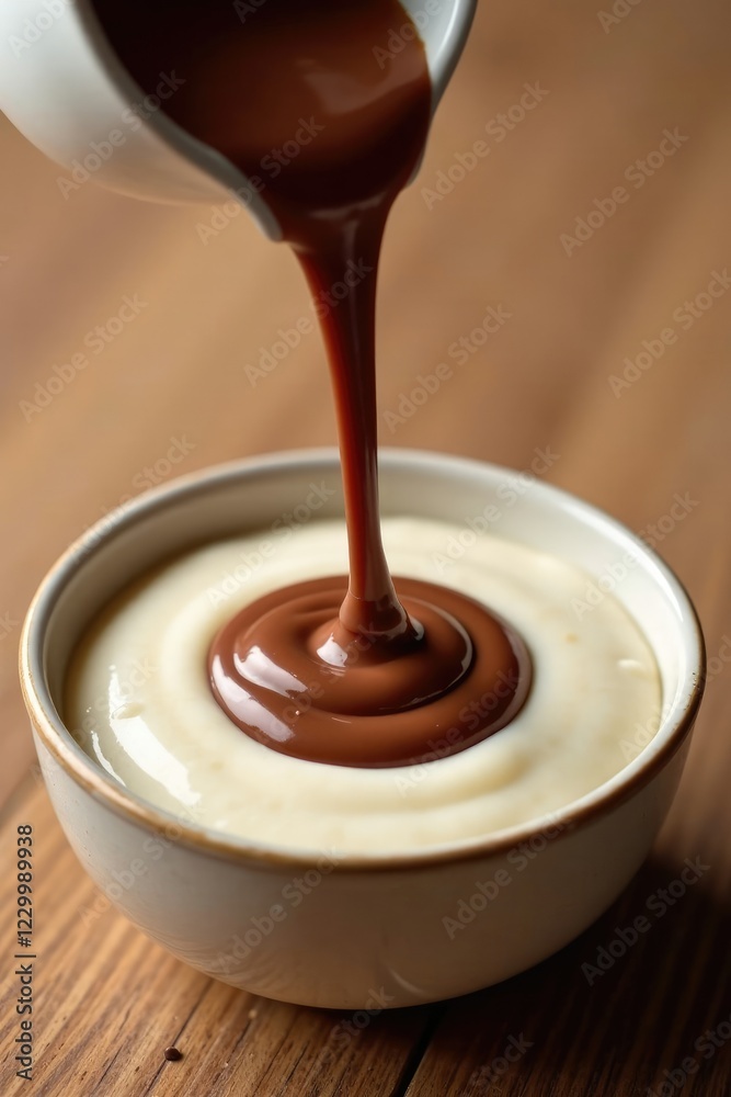 Liquid chocolate flows slowly over the surface of a bowl filled with a creamy white substance, sweet, golden, chocolate Liquid chocolate flows slowly over the surface of a bowl filled with a creamy white substance, sweet, golden, chocolate
