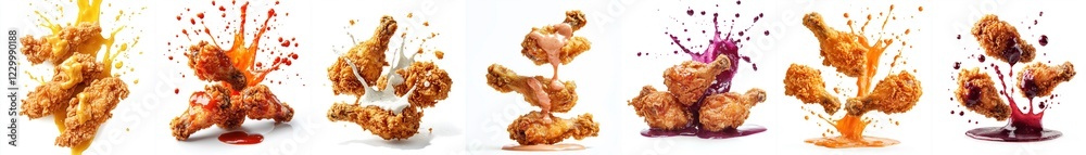 Set of fried chicken with bright splashes of sauce Set of fried chicken with bright splashes of sauce