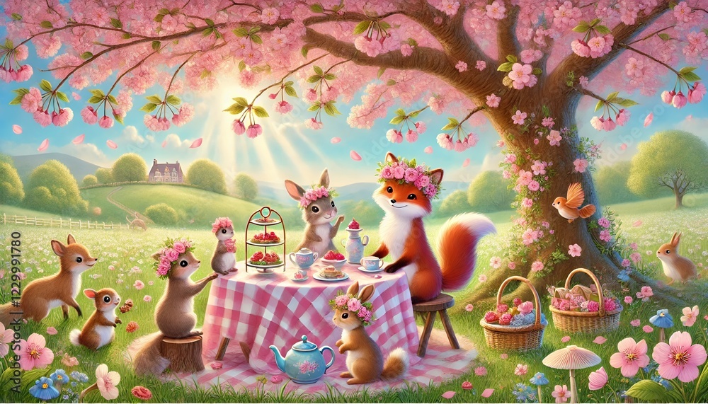 Obraz premium A delightful tea party under a blooming cherry blossom tree, featuring woodland animals enjoying cakes, cookies, and tea in a serene meadow.