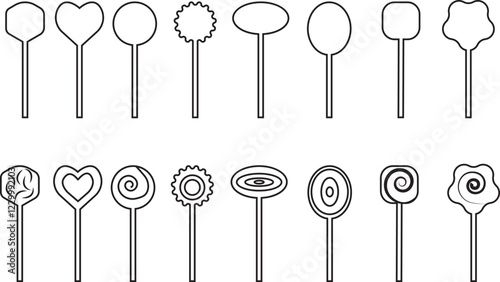 Sweets and candy icon set. Chocolate bars, caramel, toffee and lollipop on sticks, marmalade bears. Confectionery shop elements for birthday kids present cartoon flat isolated vector collection.