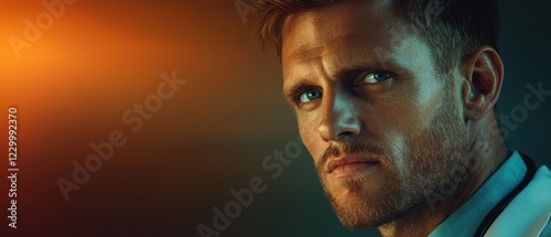 A close-up portrait of a serious man with intense eyes and dramatic lighting.
