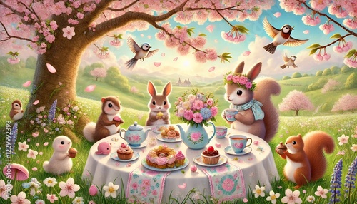 Wallpaper Mural A heartwarming illustration of a tea party under a blooming cherry blossom tree, featuring woodland animals enjoying springtime magic Torontodigital.ca