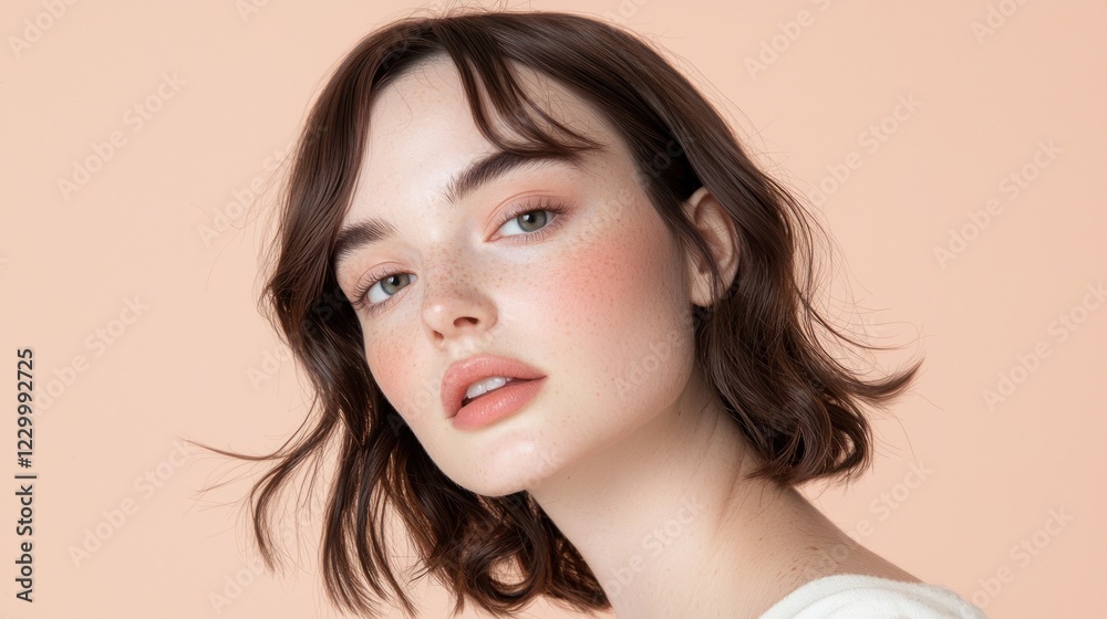 Portrait of a Young Woman with Freckles and Soft Makeup Against a Peach Background Portrait of a Young Woman with Freckles and Soft Makeup Against a Peach Background