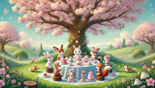 Wallpaper Mural A Horizontal Storybook-Style Illustration of Animals Enjoying a Tea Party Beneath a Blooming Cherry Blossom Tree in a Pastel Paradise Torontodigital.ca