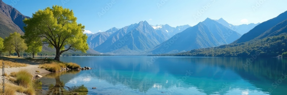 Solitary trees on the shore of a crystal-clear lake with a stunning mountain range in the background, calm, lago calafquen, mountains Solitary trees on the shore of a crystal-clear lake with a stunning mountain range in the background, calm, lago calafquen, mountains